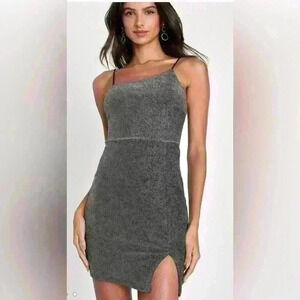 Lulus Take Me Anywhere Silver Sparkly Asymmetrical Bodycon Mini Dress Small